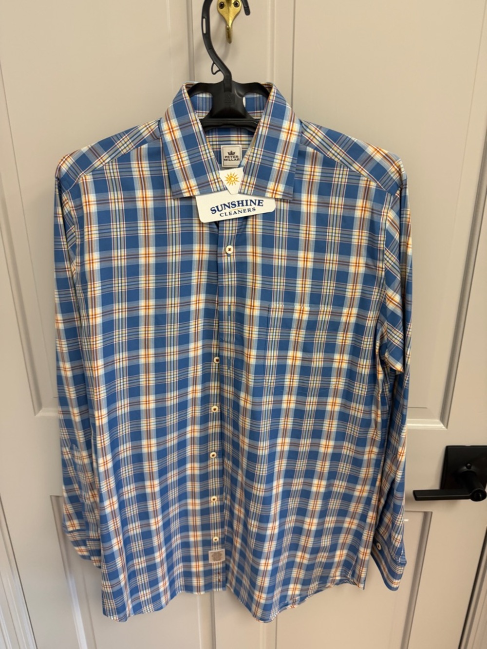 Peter Millar Blue and White Plaid Button-Down Shirt with Orange Accents